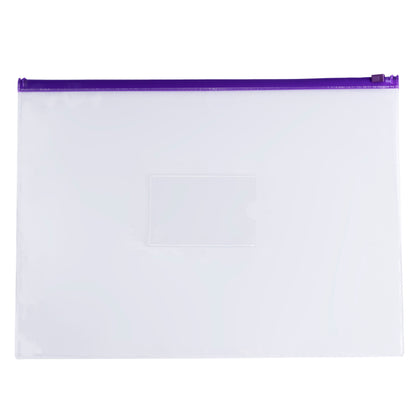 Pack of 12 A4+ Foolscap Clear Zippy Bags with Purple Zip