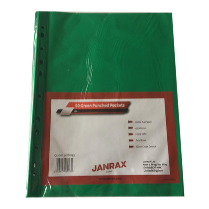 Pack of 50 A4 Green Punched Pockets by Janrax