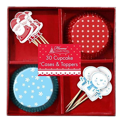 30 Christmas Cupcake Cases & Toppers - Snowman And Santa Claus Design