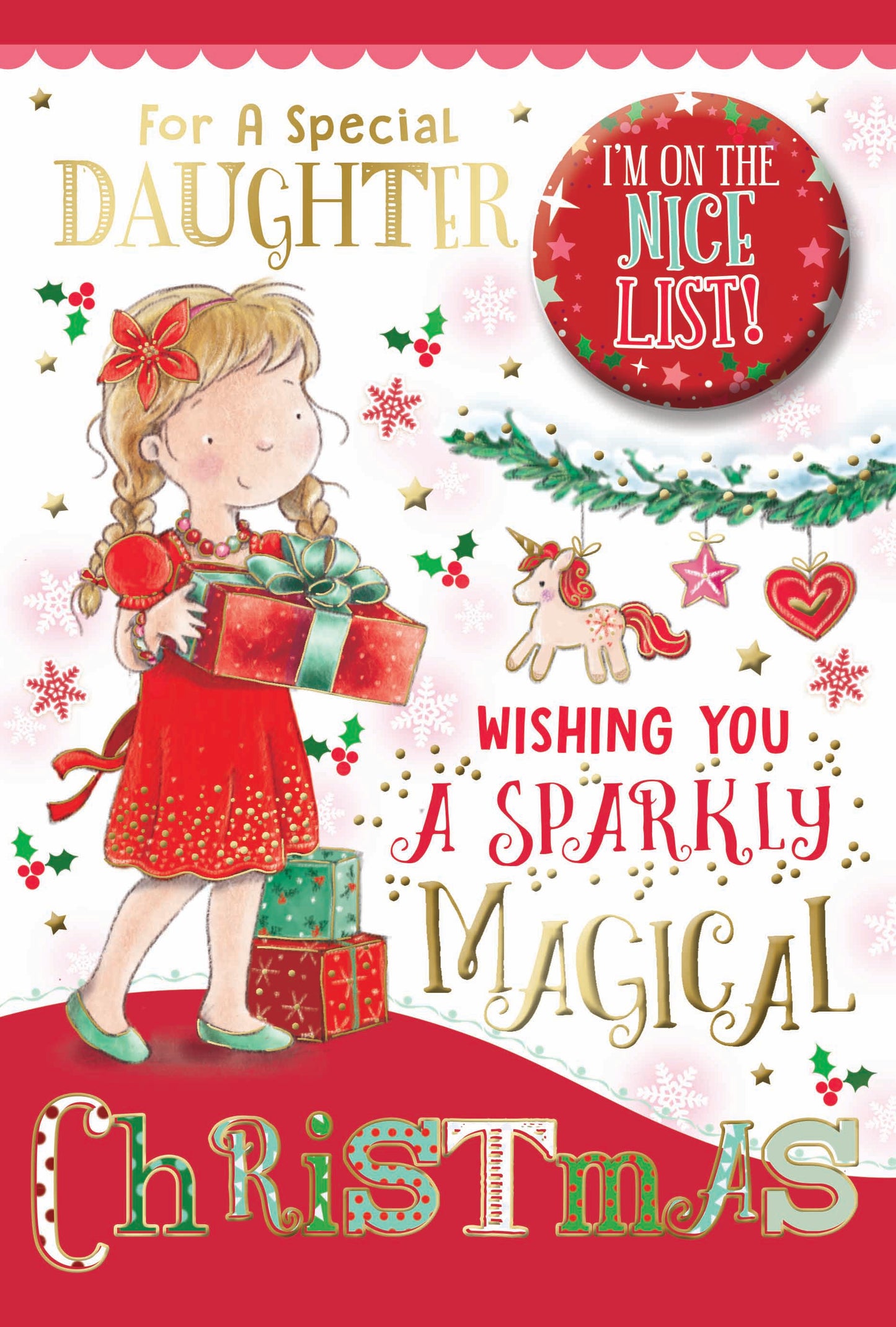 For a Special Daughter Sparkly Magical Christmas Card with Badge