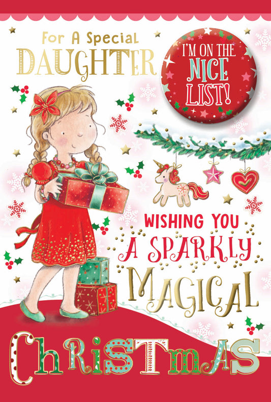 For a Special Daughter Sparkly Magical Christmas Card with Badge