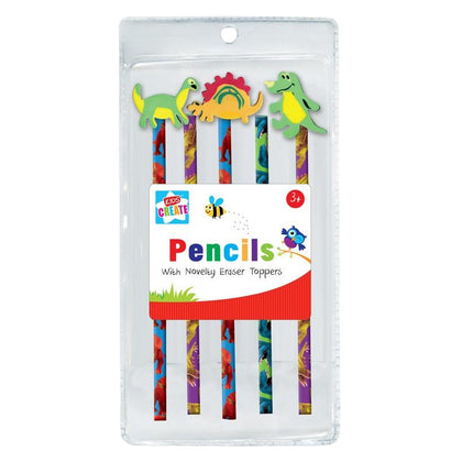 5 x Dinosaur Pencils with 3 Dinosaur Shaped Eraser Toppers