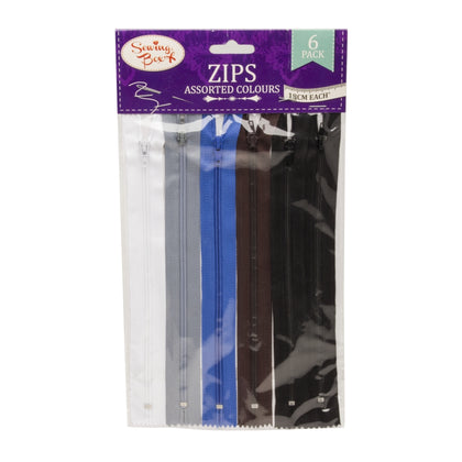 Pack of 6 Assorted Zips Coloured Zippers by Sewing Box