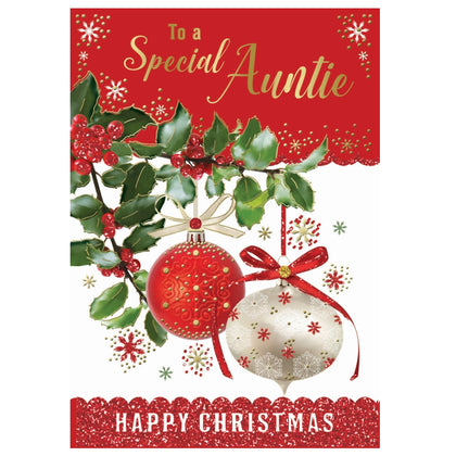 To a Special Auntie Decorative Baubles Design Christmas Card