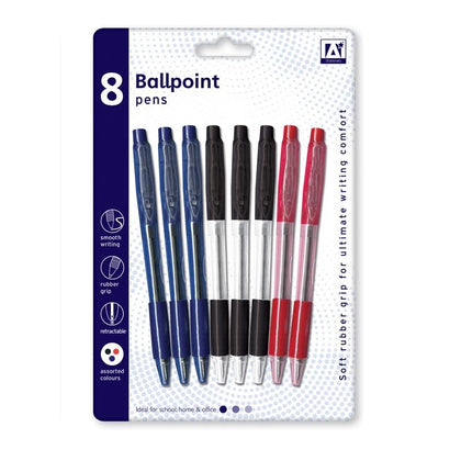 Pack of 8 Ballpoint Pens with Rubber Grip Assorted Colour