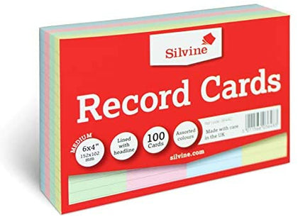 Pack of 100 Silvine Ruled Record Cards 152x101mm - Assorted Colours