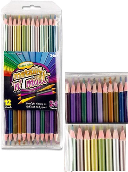 Pack of 12 Metallic and Matt Double Headed Colour Pencils by World of Colour