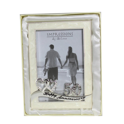 Silver Plated Ivory Diamantes Double Heart Golden 50th Anniversary Photo Frame