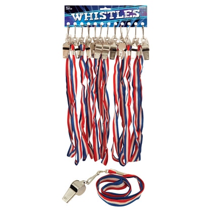 Pack of 12 Metal Whistle 5.5cm with Red, White, Blue Cord Eire.