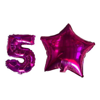Pink Number 5 and Pink Star Foil Balloons with Ribbon and Straw for Inflating