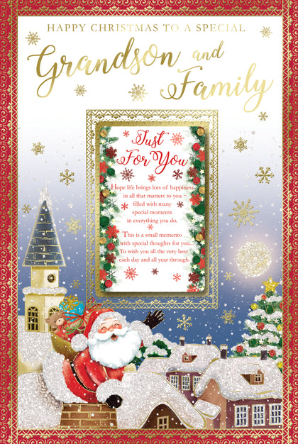 For Grandson and Family Santa Design Glitter Finished Christmas Card