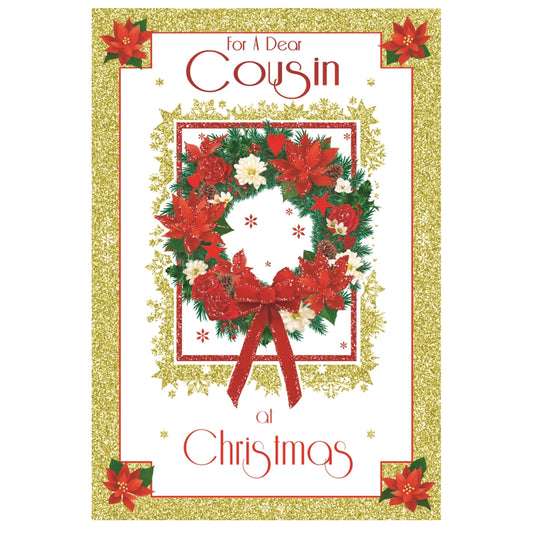 For a Dear Cousin Poinsettia Wreath Design Christmas Card
