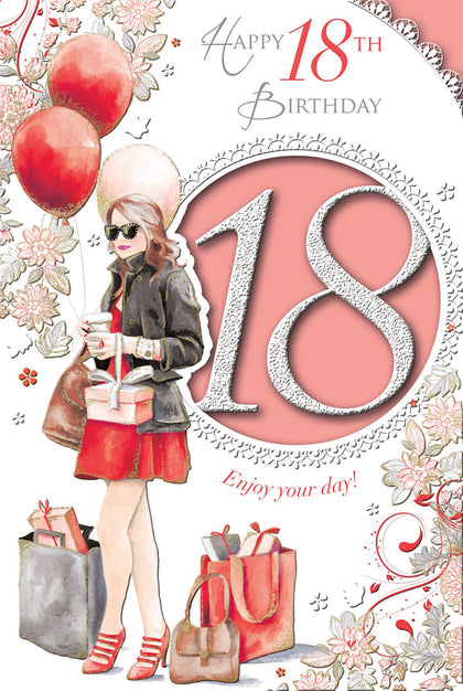 Happy 18th Birthday Lady With Gifts Design Open Female Celebrity Style Card