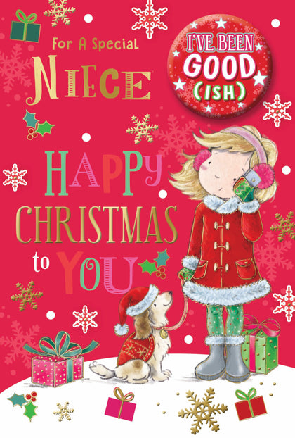 For a Special Niece Gold Foil Finished Christmas Card with Badge