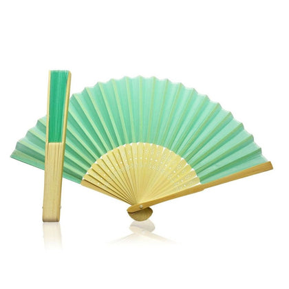 Pastel Green Fabric Hand Held Bamboo and Wooden Fan