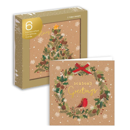 Pack of 6 Handicrafted Christmas Cards Tree & Wreath Foiled Design
