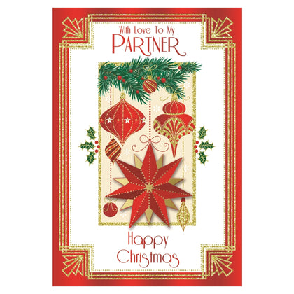 With Love to My Partner Baubles and Star Design Christmas Card