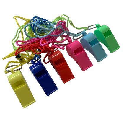 Bag of 100 Green Plastic Whistles with Lanyard Neck Cord