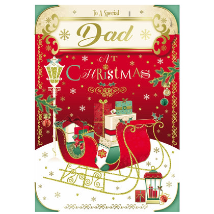 To a Special Dad Sleigh With Gifts Design Glitter Finished Christmas Card