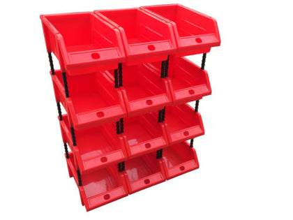 Pack of 12 Small Stackable Red Storage Picking Bins with 48 Riser Stands and Labels