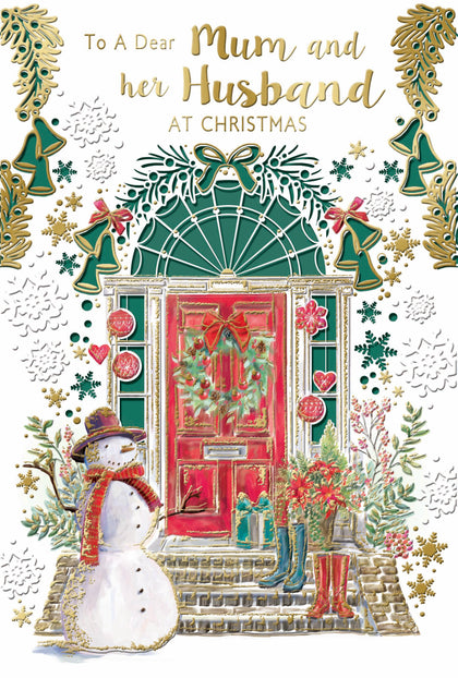To a Dear Mum and Her Husband Snowman Design Christmas Card