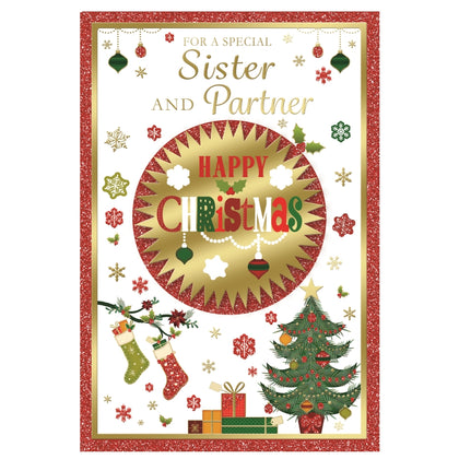 For a Special Sister and Partner Xmas Tree Design Foil and Glitter Finished Christmas Card