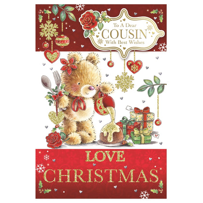 To a Dear Cousin Teddy Pouring Frosting On Cake Design Christmas Card