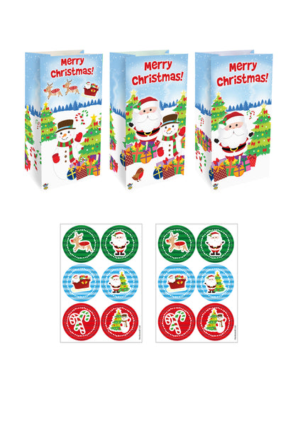 Pack of 12 Christmas Paper Party Bags with Stickers