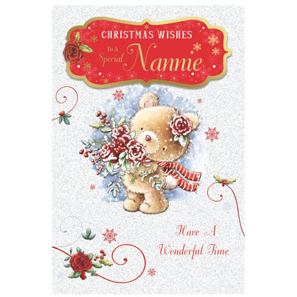 To a Special Nannie Teddy With Bunch of Flowers Design Christmas Card