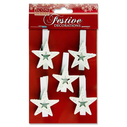 Pack of 5 White Star Design Christmas Peg Decorations by Icon Craft