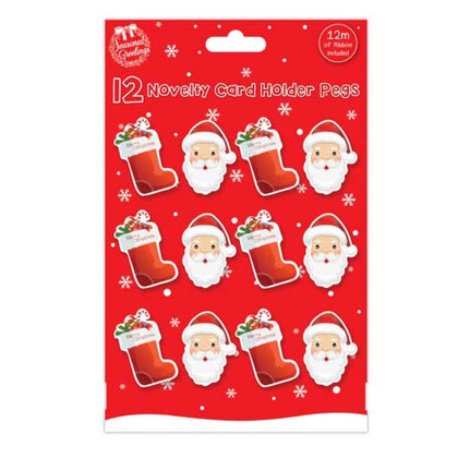12 Large Novelty Christmas Card Holder Pegs With 2m of Ribbon