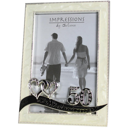Silver Plated Ivory Diamantes Double Heart Golden 50th Anniversary Photo Frame