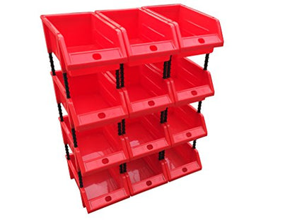Pack of 12 Small Stackable Red Storage Picking Bins with 48 Riser Stands and Labels