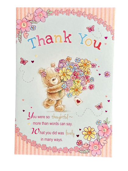 Teddy With Bunch Of Flower Thank You Greeting Card