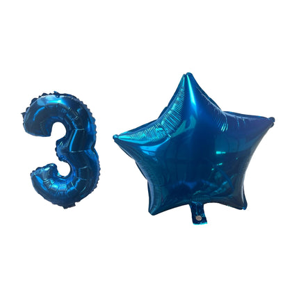 Blue Number 3 and Blue Star Foil Balloons with Ribbon and Straw for Inflating