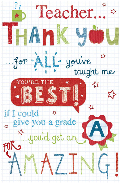 Thank You Teacher Greeting Card A Grade, You're The Best {DC}