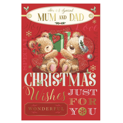For a Special Mum and Dad Teddies Holding Present Design Christmas Card