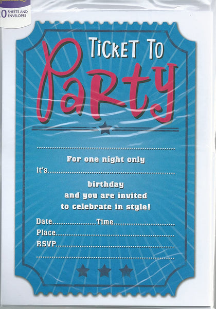 Pack of 20 Ticket Design Party Invitation and Envelopes