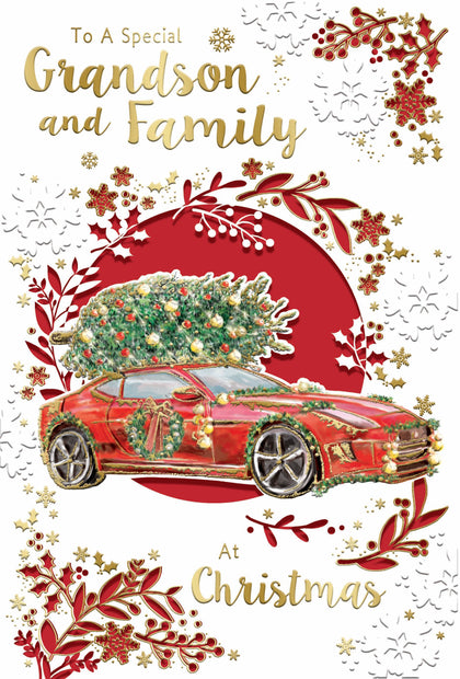 To a Special Grandson and Family Die Cut Car Design Christmas Card