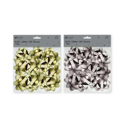 Pack of 12 Silver or Gold Glitter Gift Bows