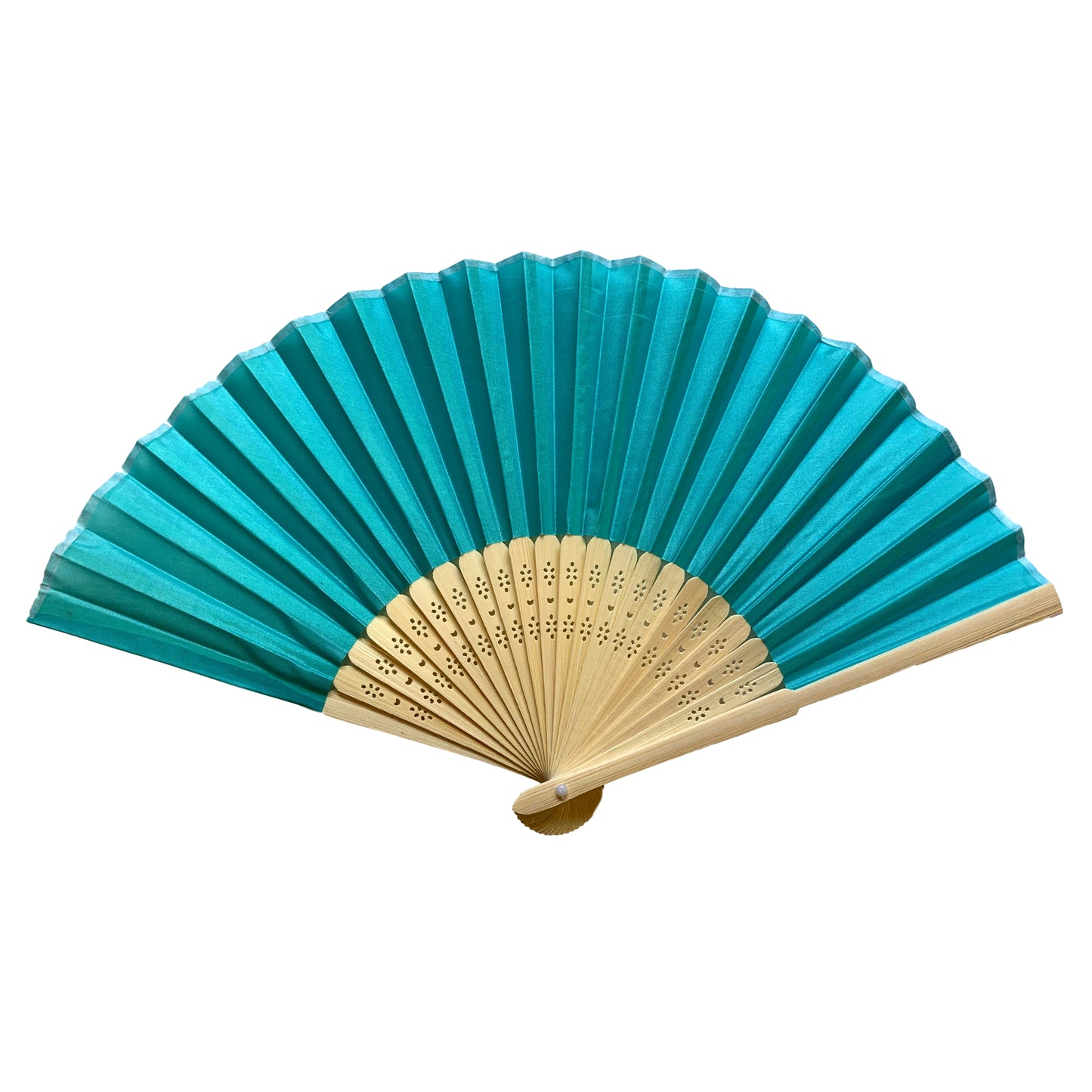 Turquoise Fabric Foldable Hand Held Bamboo Wooden Fan