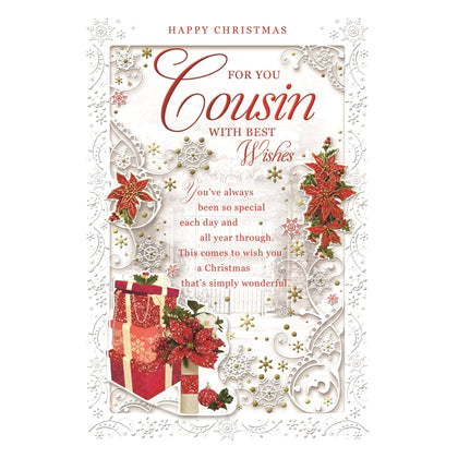 For You Cousin Poinsettias and Gifts Design Christmas Card