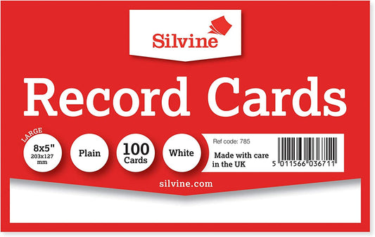 Pack of 100 White Record Cards 8x5" (203 x 127mm)