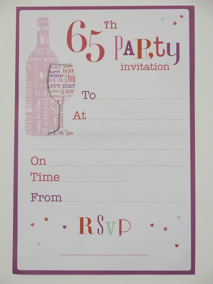 65th Birthday Party Invitations Female Women Pink Champagne Wine Bottle Design Pack of 20 invites Sheets & envelopes