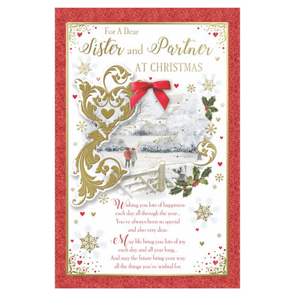 For a Dear Sister and Partner Couple Walking in Winter Wonderland Design Christmas Card