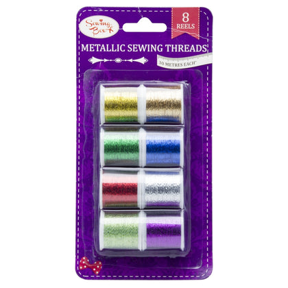 Pack of 8 Reels of Assorted Coloured Metallic Sewing Threads by Sewing Box